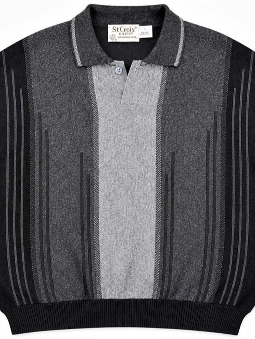 Vintage St Croix Knits 100% Merino Wool Polo Sweater Men L Black Gray Stripe